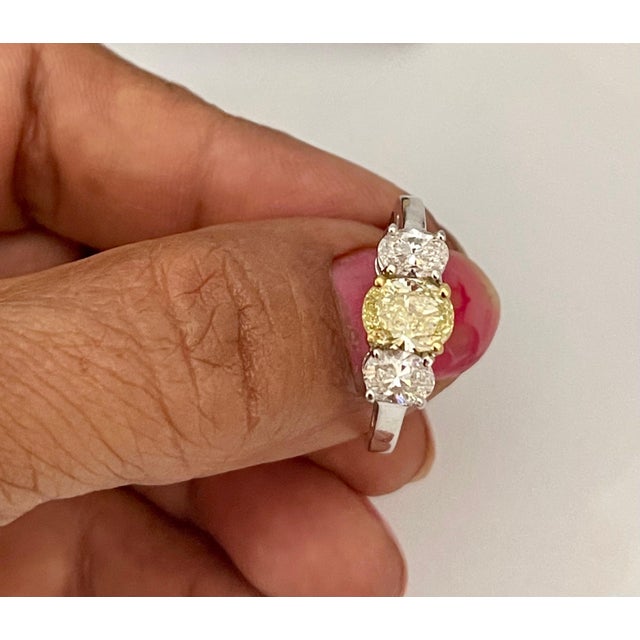 Contemporary GIA Certified Natural Fancy Yellow & White Diamond Three Stone Engagement Ring For Sale - Image 3 of 18