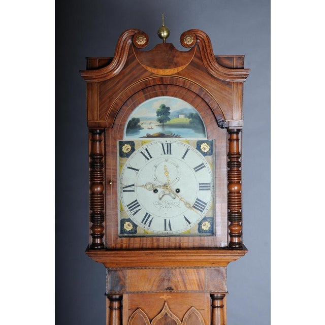 Unique antique English grandfather clock, mahogany, 18th century. English floor clock, 18th century, mahogany veneer with...