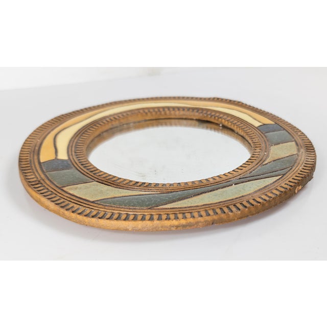 Glass Late 20th Century Decorative Round Art Pottery Accent Mirror For Sale - Image 7 of 8