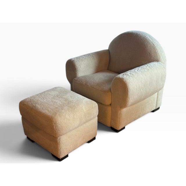 Absolutely incredible art deco club chair and ottoman meticulously upholstered in Edelman shearling. This was also...