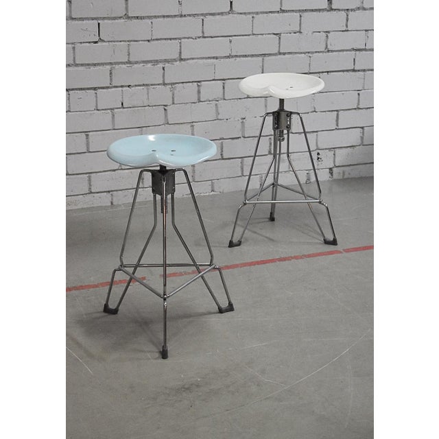 Clipper bar stools designed in 1990 by Yasu Sasamoto and manufactured by Dulton, Japan. Painted metal seats and chromed...
