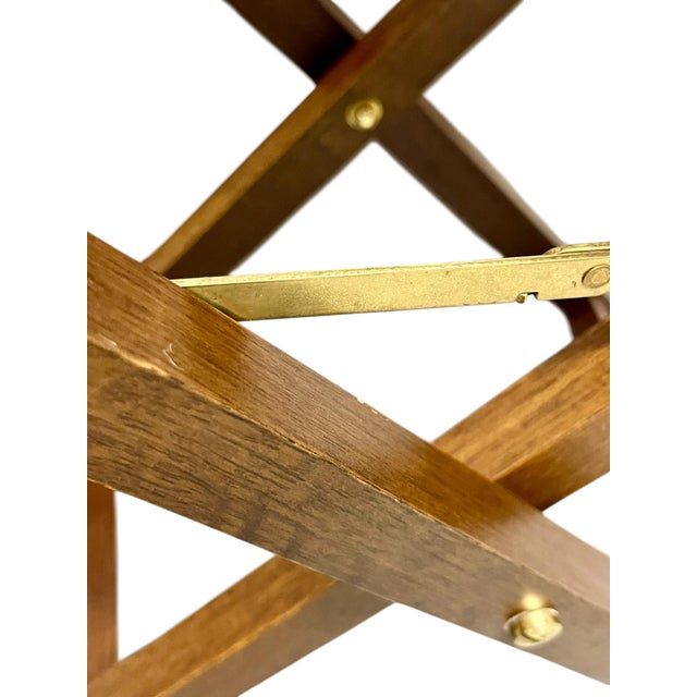 Late 20th Century Vintage English Style Campaign Folding Tray Tables, Pair – Brass Gallery Tray on Folding Wooden Stands For Sale - Image 5 of 18