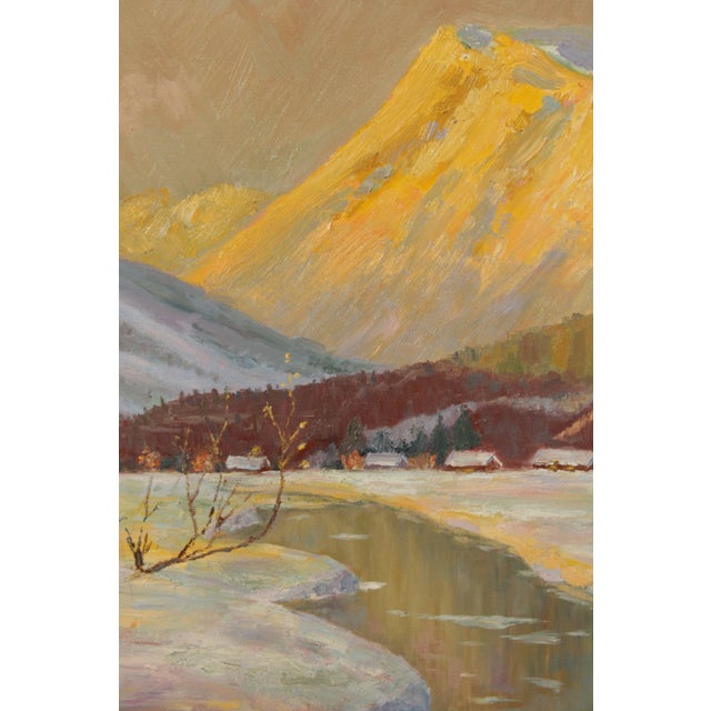 American 20th Century Winter Mountain Town Landscape Original Oil Painting by Ed Hall For Sale - Image 9 of 13
