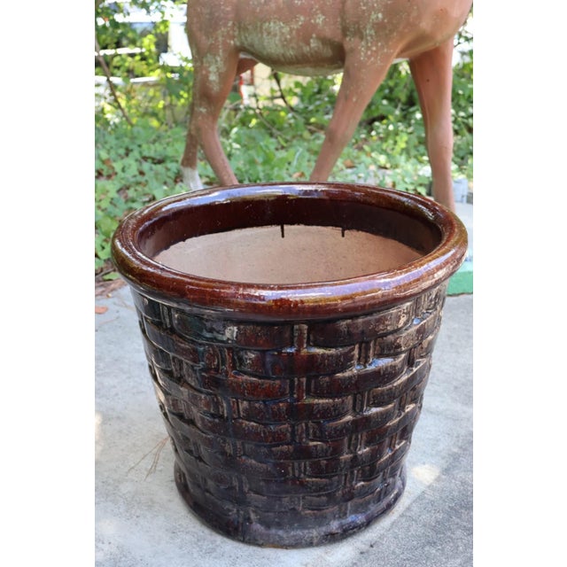 Farmhouse Large Vintage Basketweave Flower Pot Planter Brown Glazed Terracotta For Sale - Image 3 of 8