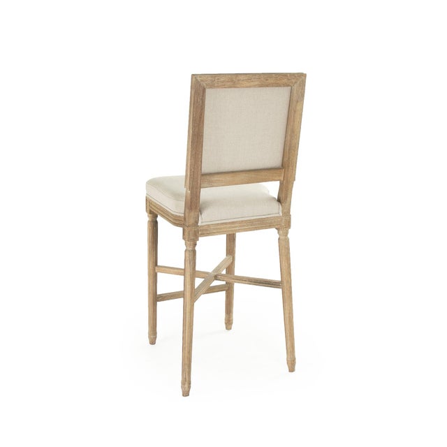 French Country Louis Cane Sqaure Back Bar Stool - Linen / Limed Grey Oak Frame For Sale - Image 3 of 4