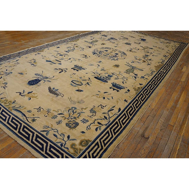 Chinese 1890s Tan Beige Floral Vase Antique Chinese Peking Rug 8' 1" X 15' 6" Handknotted Wool Carpet For Sale - Image 3 of 6