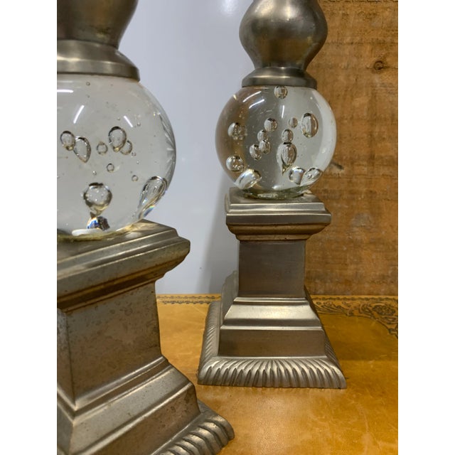 Art Deco Pair of Late 20th Century Bubble Art Glass & Metal Obelisk For Sale - Image 3 of 5