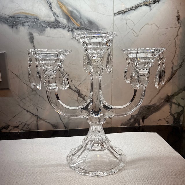 Shannon Crystal arm taper candelabra, crafted in Slovakia and featuring hanging crystal prisms. Brand: Shannon Crystal....