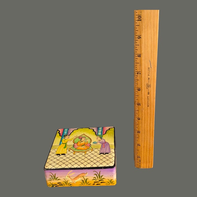 Vintage Bohemian Hand Painted Lacquer Mughal-Style Kashmiri Paper Mache Box W/6 Coasters For Sale - Image 10 of 11