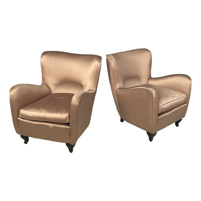 Mid-Century Modern Italian Lounge Chairs in Wood and Pink and Beige Silk, 1940s, Set of 2 For Sale