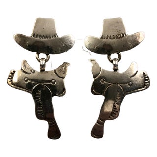 1980s Pair of Cowboy Hat and Saddle Sterling Earrings For Sale