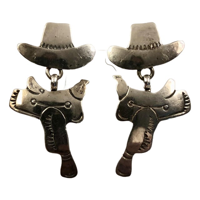 1980s Pair of Cowboy Hat and Saddle Sterling Earrings For Sale