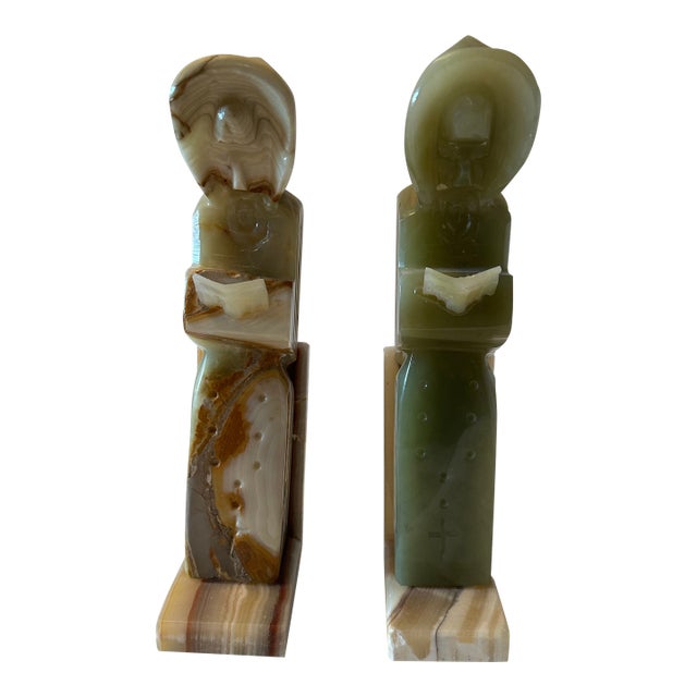 Vintage Solid Onyx Carved Book Ends For Sale