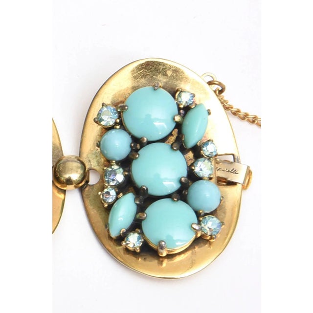 Vintage Elsa Schiaparelli Faux Turquoise, Gold Metal and Rhinestone Cluster Bracelet, 1950's For Sale - Image 4 of 10