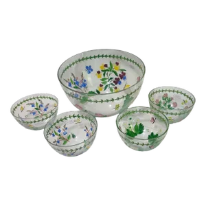 Late 20th Century "Williamsburg Botanical" Salad Berry Hand Painted Glass Serving Bowls- Set of 5