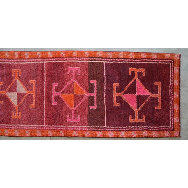 Ruby Red Hand-Knotted Turkish Runner Rug . One of a Kind Hallway Kitchen Decor 2′9″ × 9′9″ For Sale - Image 8 of 11