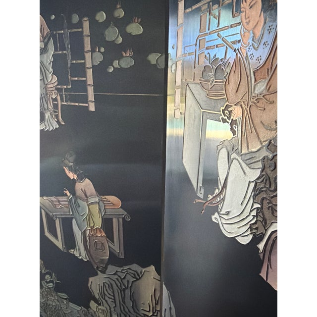 1960s Asian Coromandel-Style Black Lacquer Double-Sided Four-Panel Folding Screen For Sale - Image 14 of 17