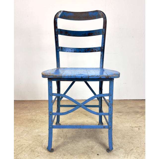 Antique Industrial Steel & Oak Chairs by Angle Steel Stool Co / K M Supply Company in Vivid Blue For Sale - Image 11 of 12
