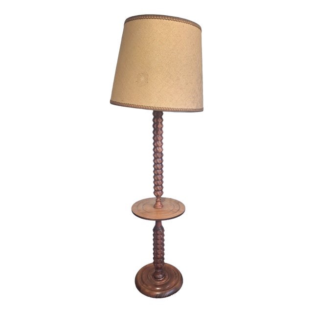 Louis XIII Floor Lamp with Integrated Table in Turned Wood, 1950s For Sale
