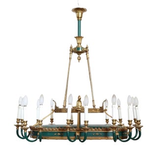 Chandelier in Gilded Bronze and Green Lacquered Metal For Sale