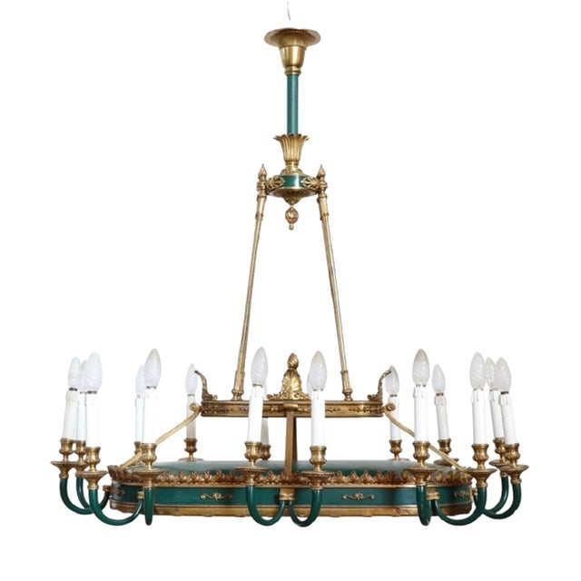 Chandelier in Gilded Bronze and Green Lacquered Metal For Sale