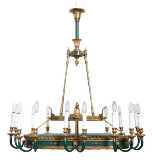 Chandelier in Gilded Bronze and Green Lacquered Metal