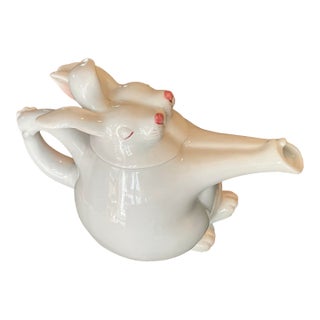 1975 Figurative Fitz & Floyd White Porcelain Rabbits Tangoi Dancing Teapot - Hand Painted For Sale