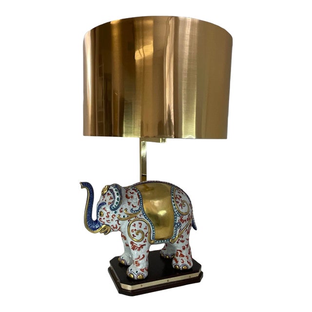 1970s Porcellane Artistiche Italian Porcelain and Brass Elephant Table Lamp From Florence For Sale