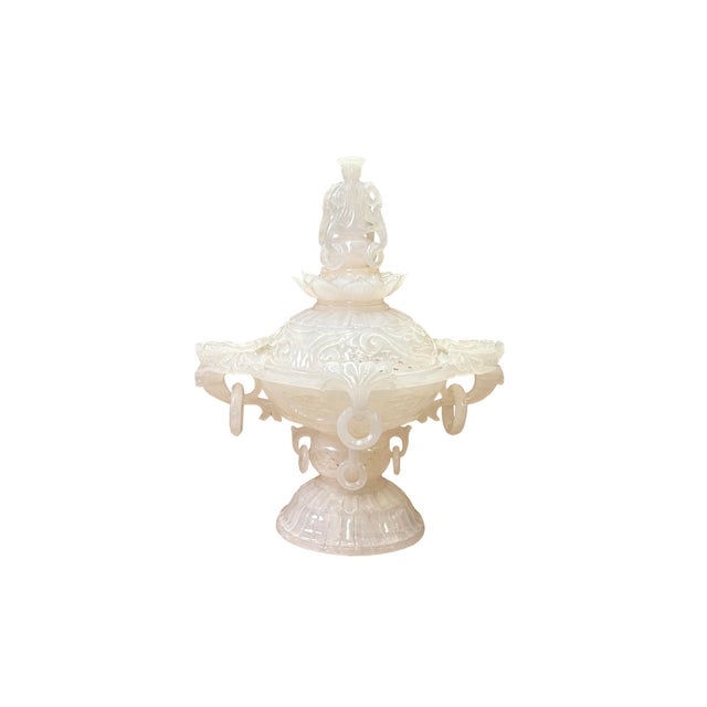 Asian Asian Dragon Relief Carving White Stone Incense Holder Lidded Urn Ceremonial Vessel For Sale - Image 3 of 18
