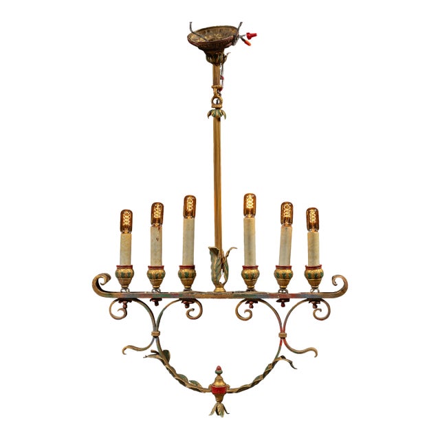 Early 20th Century Mediterranean Revival Wrought Iron and Tole Chandelier For Sale