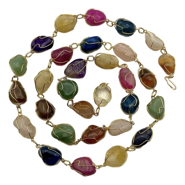 Vibrant Caged Gemstone Necklace Gold Finish Wired Links Long 35” C. 1970 For Sale