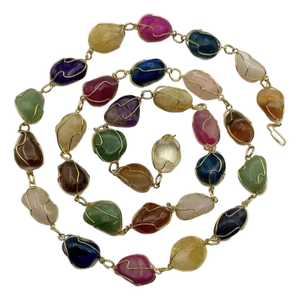 Vibrant Caged Gemstone Necklace Gold Finish Wired Links Long 35” C. 1970