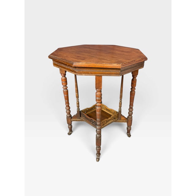 Wood Antique Victorian Octagonal Occasional Table on Casters, 1890s For Sale - Image 7 of 9