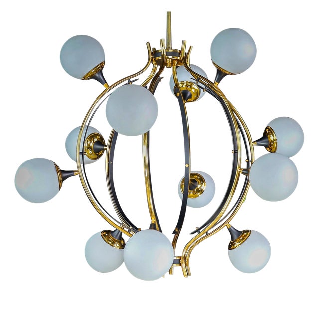Mid-Century Chandelier in Brass and 12 Opaline Globes from Stilnovo, Italy 1950s For Sale
