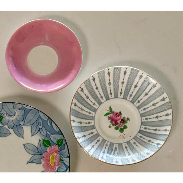 Art Deco Early 20th Century Limoges Blue, Gold, and Pink Roses Desert Plate and Saucer Wall Plate Curation- Set of 6 For Sale - Image 3 of 10