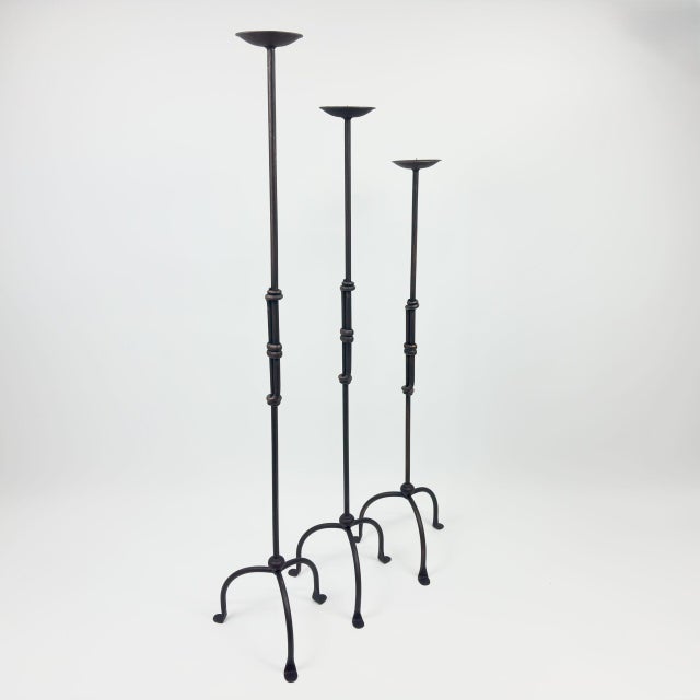 2020s Hand Forged Iron Candelabra Set of 3 (98-118cm) Antique Copper Finish Sculptural Iron Bamboo Style Estate Set For Sale - Image 5 of 6