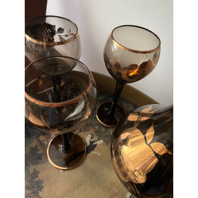 Vintage Mid Century Smoky Grey Glass Pitcher/Decanter With 6 Matching Goblets - 7 pcs For Sale - Image 4 of 6