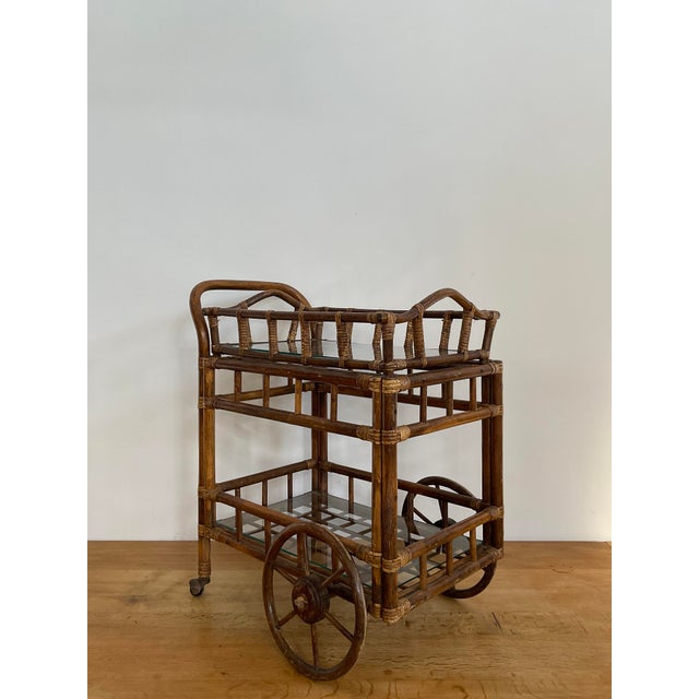 Wood Vintage Bamboo Bar Cart With Glass Shelf & Removable Tray For Sale - Image 7 of 18