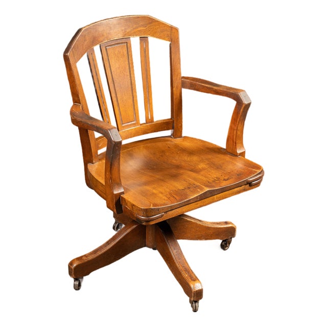 Vintage Oak Swivel Banker's Chair For Sale