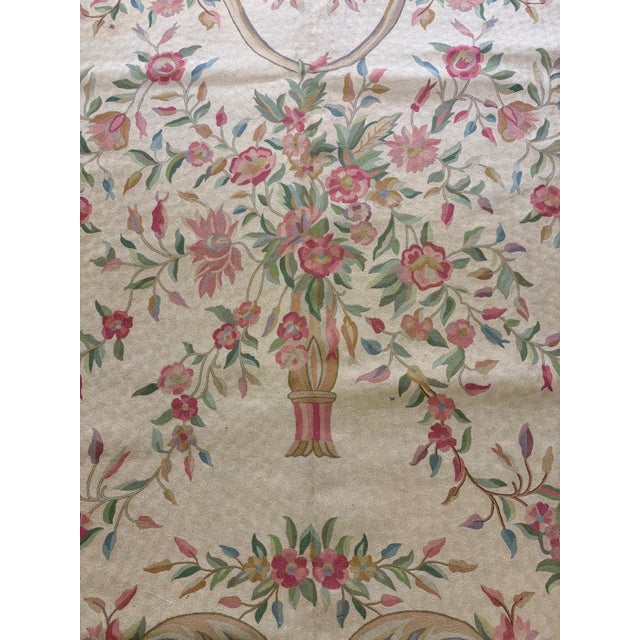 Ivory 1920s Antique Ivory Floral Medallion India Agra Textile Chain Stitch Gallery Rug For Sale - Image 8 of 15
