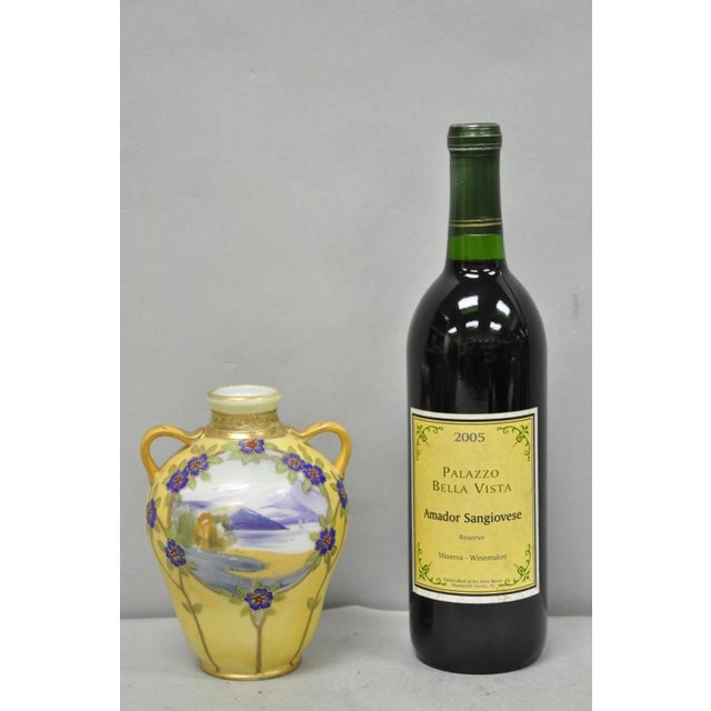 Antique Nippon Hand Painted Porcelain Moriage Mountain Scene Small Beige/Yellow Vase. Circa Early 20th Century....