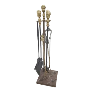 William IV Brass and Steel Fireplace Tools on Marble Stand, Set of 7, C. 1830s