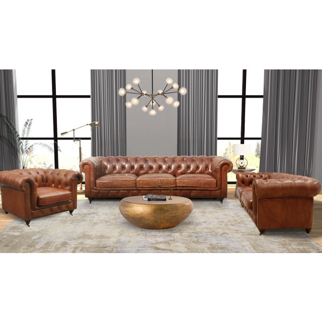 Wood Pasargad Home Genuine Leather Chester Bay Tufted Sofa For Sale - Image 7 of 8