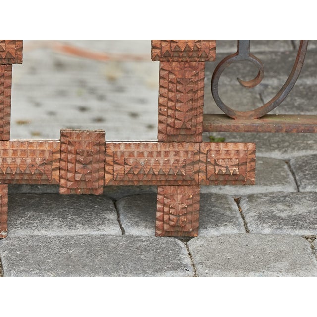 Petite Turn of the Century French Brown Tramp Art Mirror with Protruding Corners For Sale - Image 9 of 12