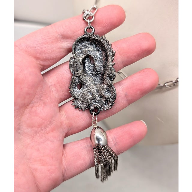 Vintage 1972 Signed Napier Silvertone Dragon Tassel Pendant Necklace For Sale In Philadelphia - Image 6 of 7