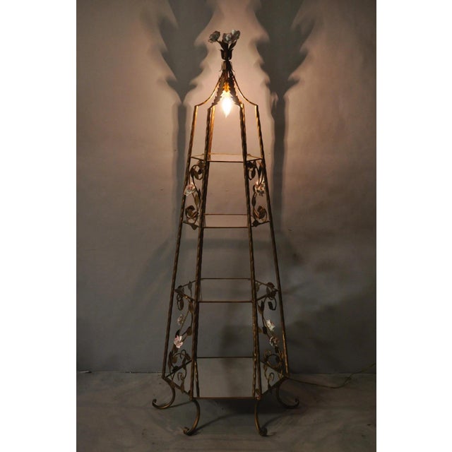 Vintage Italian Hollywood Regency Gold Gilt Tole Metal 4 Tier Lighted Etagere Curio with 4 Glass Shelves (Lower shelf...