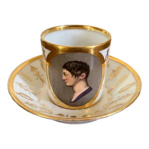 Antique Early 19th Century French Empire Paris Porcelain Coffee Can Cup and Saucer With Classical Portrait
