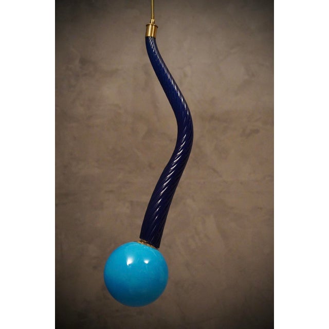 Murano Round Blue Glass and Brass Pendant Light, 1960 For Sale - Image 6 of 11