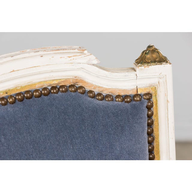 Wood Antique French Louis XVI Style Painted Accent Chairs in Blue Mohair - A Pair For Sale - Image 7 of 18