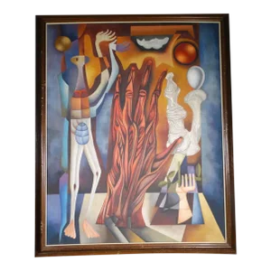 Jose Maria De Servin Surrealist Tableau Oil Painting on Canvas, Circa 1960s